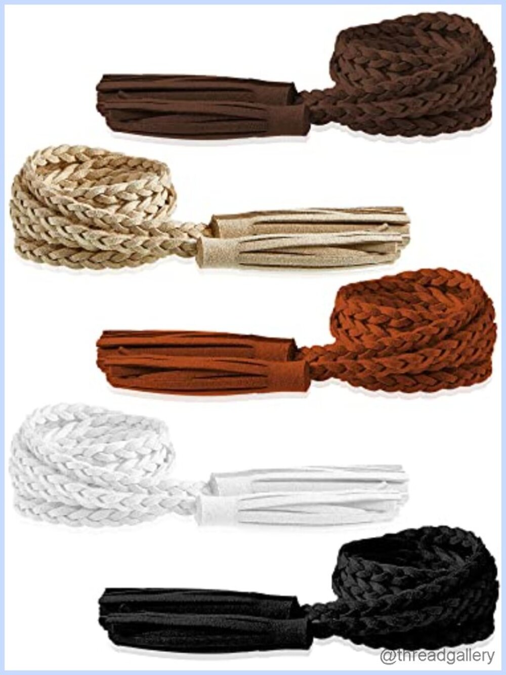 5pc PU Leather Braided Rope Belt Set Skinny Woven Tassel Waist Chain for Women